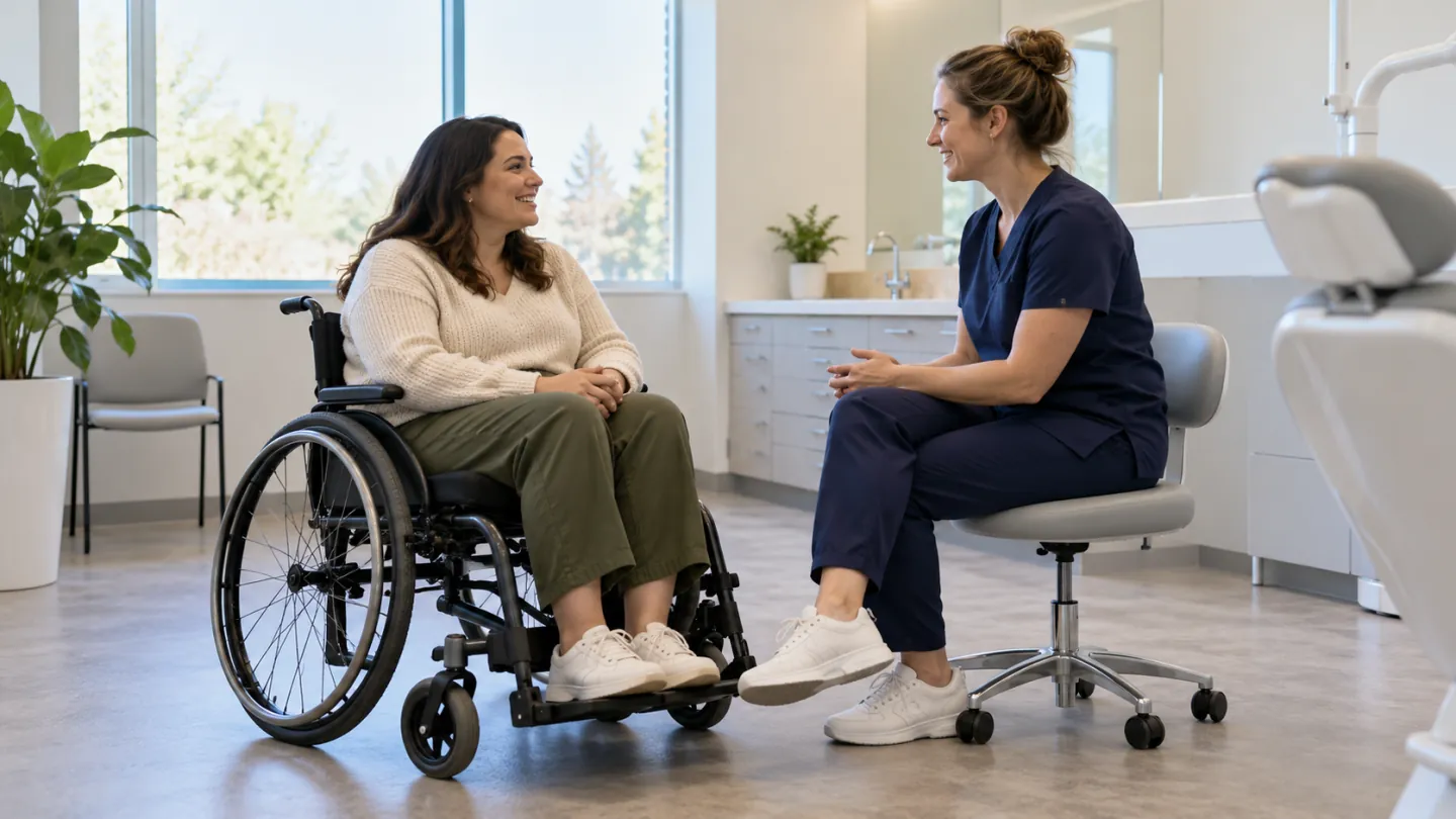 An adult wheelchair user speaking at eye level with a seated dental clinician