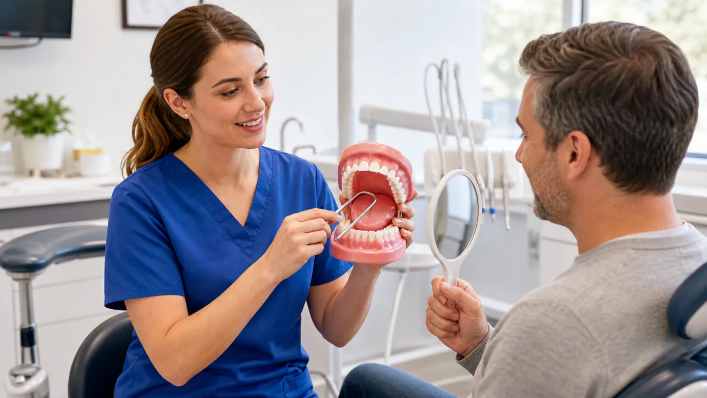 A Winnipeg dental hygienist discussing fresh-breath habits with a patient