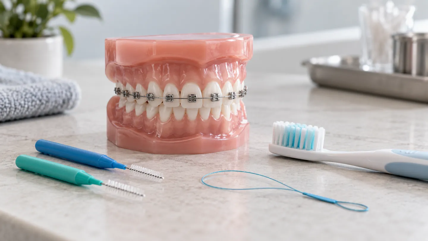 An orthodontic teaching model beside a toothbrush, interdental brushes and a floss threader