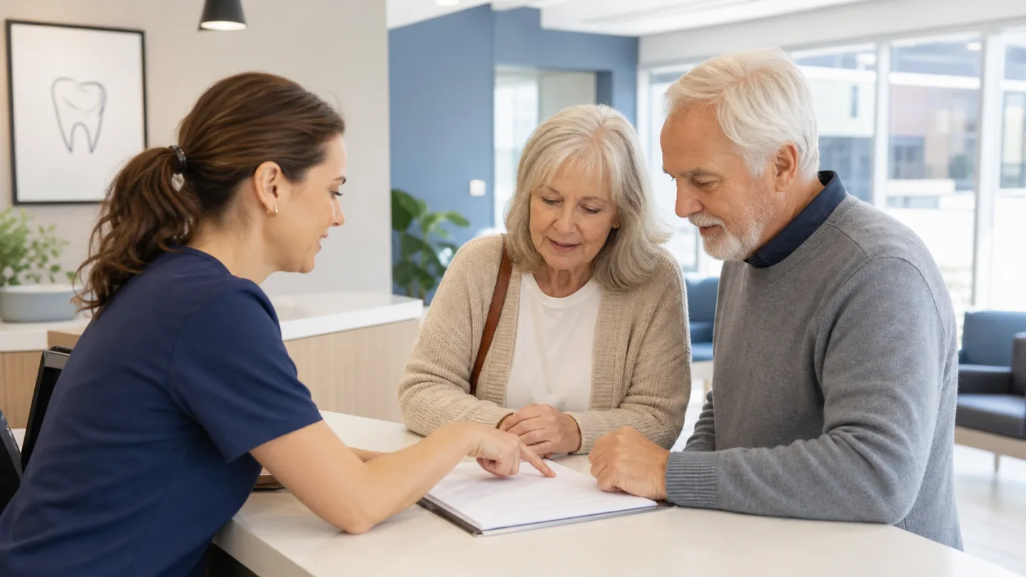 A dental office coordinator helping a mature couple with appointment paperwork