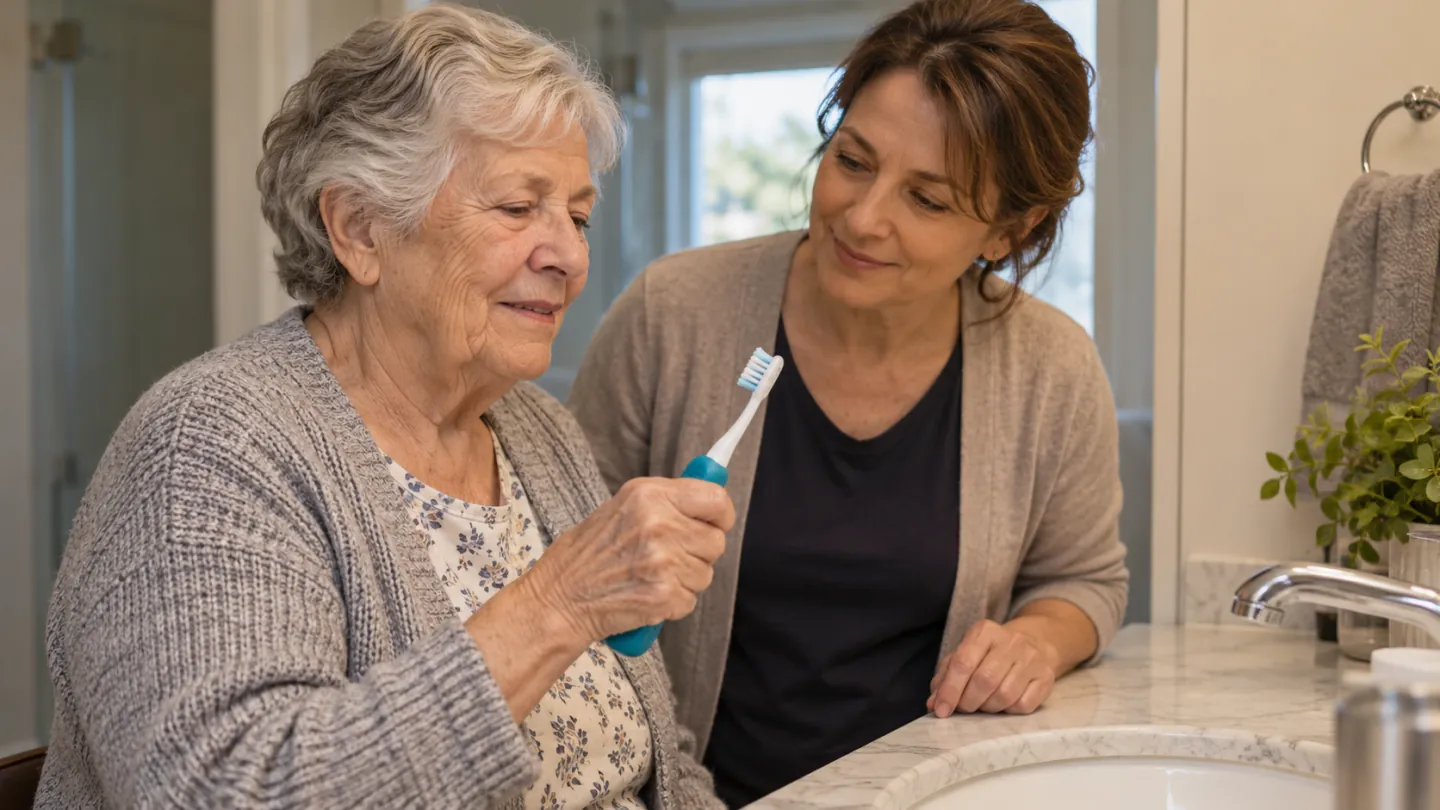 An older adult holding an adapted toothbrush beside a supportive family caregiver