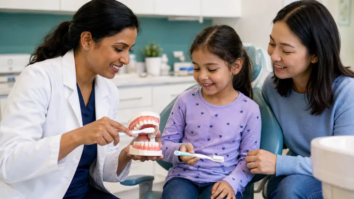A Winnipeg dentist showing a child and parent how to protect teeth from cavities