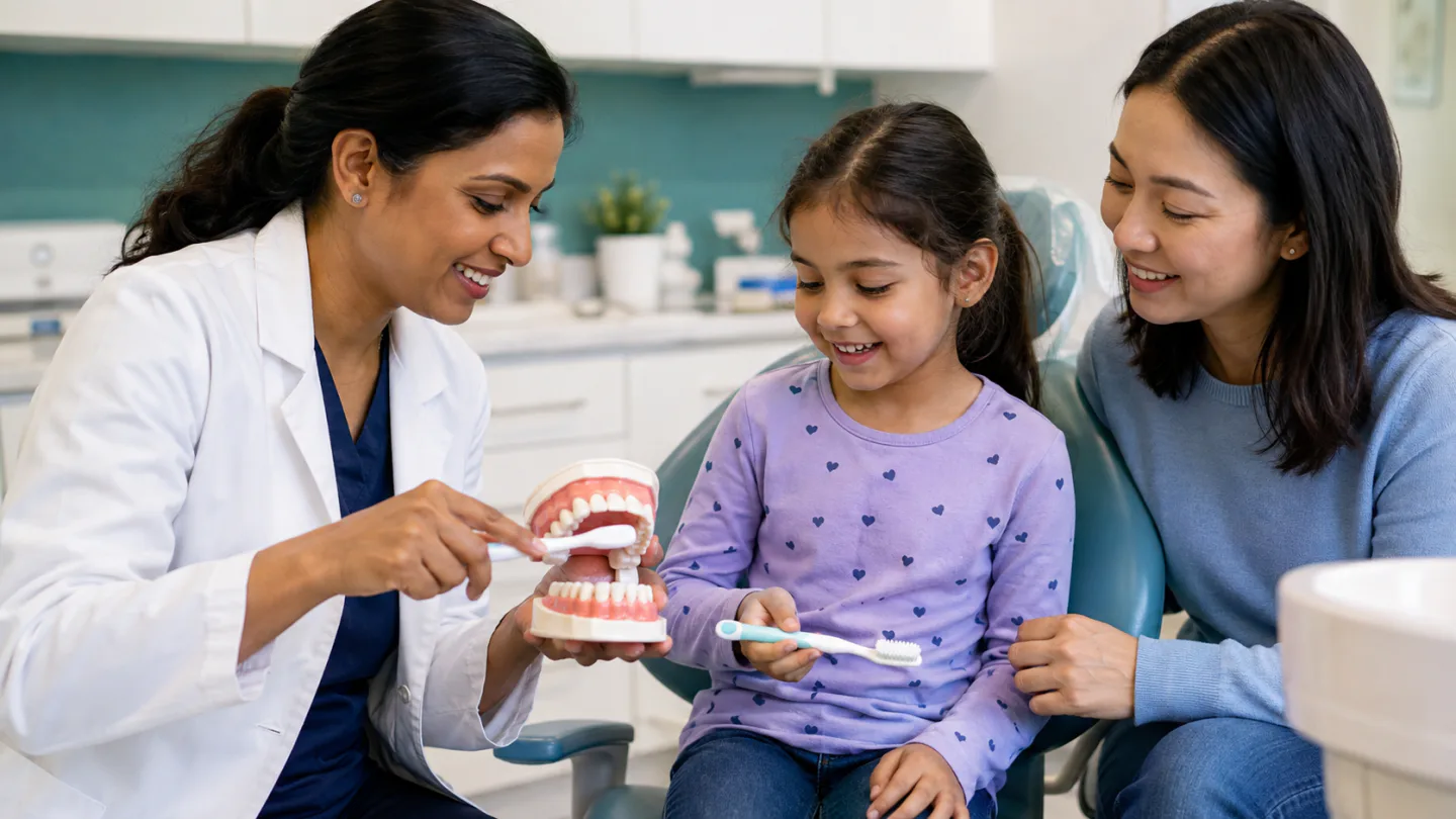 A Winnipeg dentist showing a child and parent how to protect teeth from cavities
