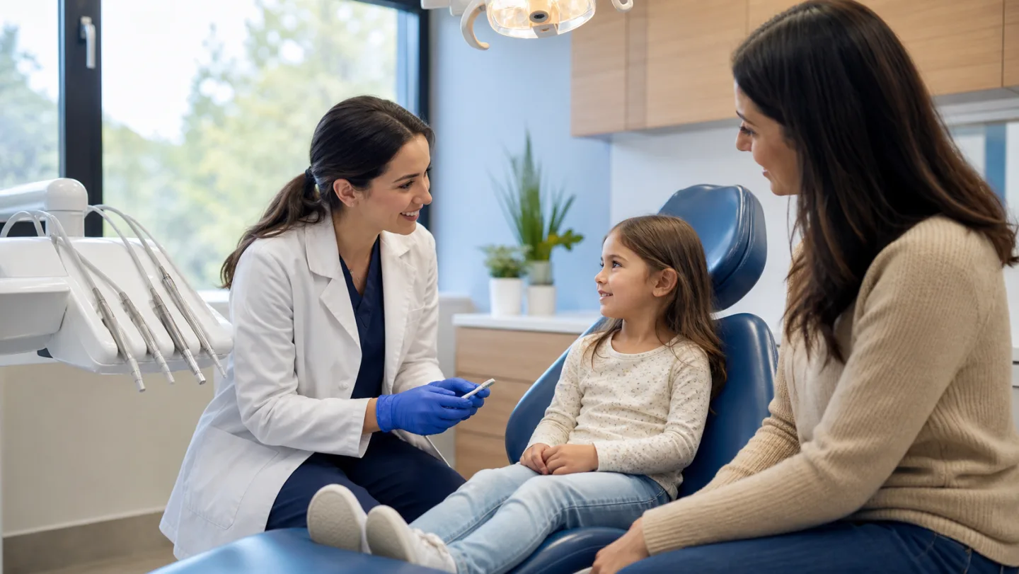 Child and parent welcomed by a dentist