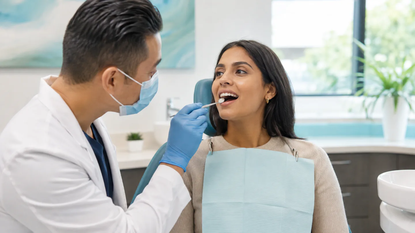 A Winnipeg dentist examining a patient’s chipped front tooth