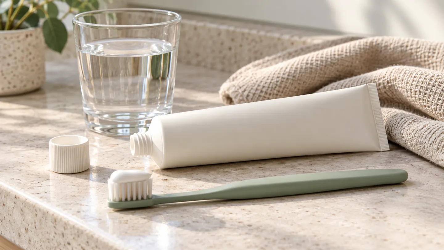 An unbranded toothpaste tube beside a soft toothbrush, water glass and linen towel