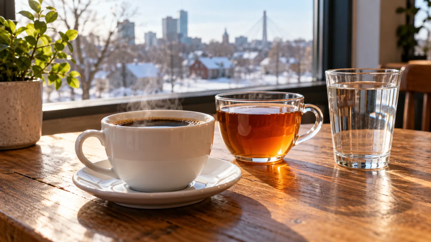 Coffee, amber tea and a glass of water on a cafe table overlooking a snowy Winnipeg scene
