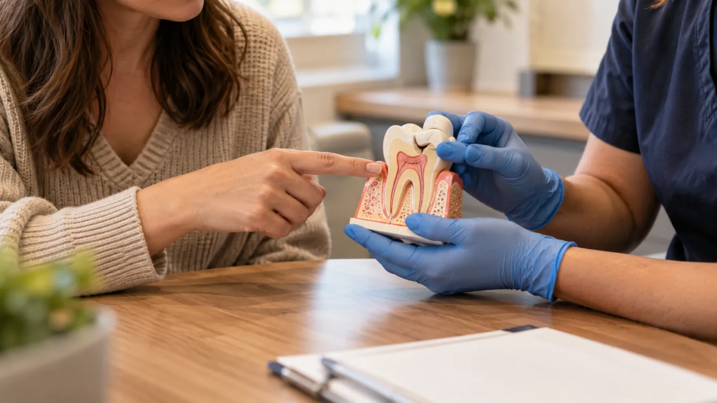 A patient and clinician discussing a tooth model at a consultation desk