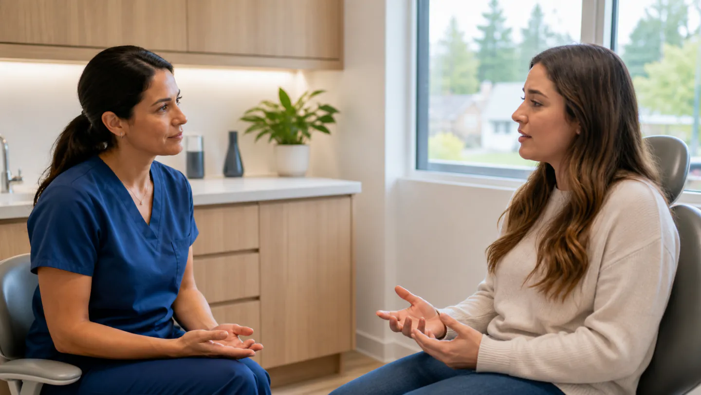 A caring Winnipeg dentist listening to a patient who feels nervous about treatment