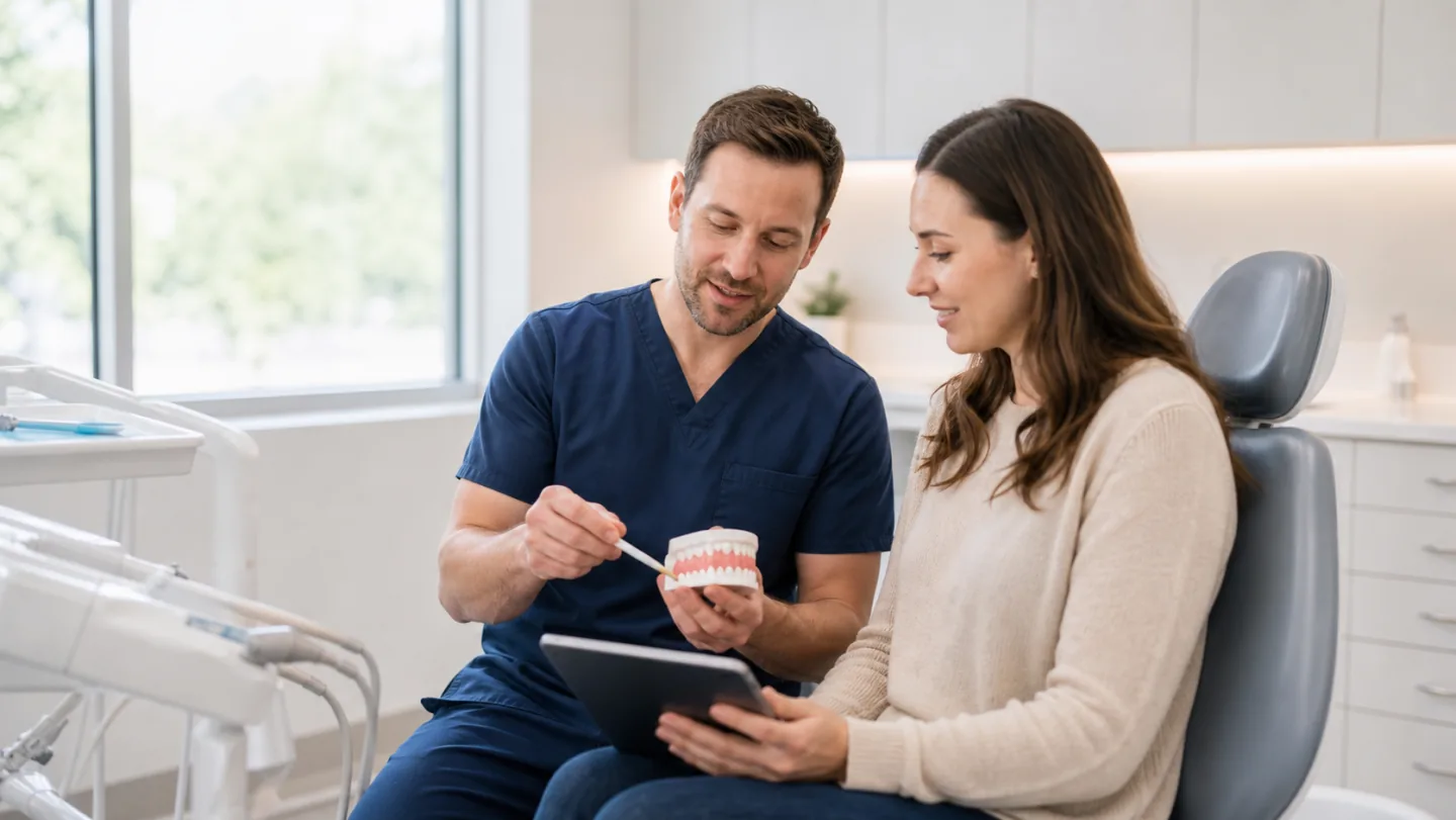 A dentist helping a patient understand oral health with a model and tablet