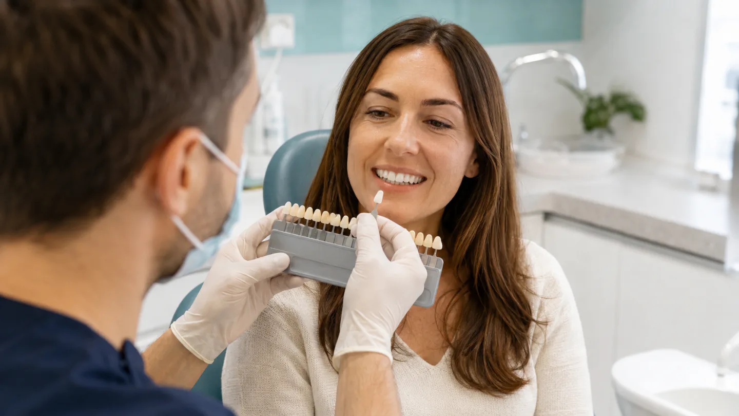 A Winnipeg dentist comparing composite shades before bonding a front tooth