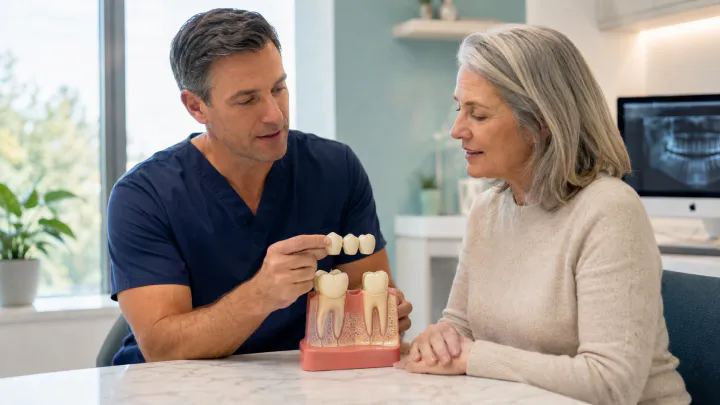 A Winnipeg dentist explaining a custom dental bridge with a model