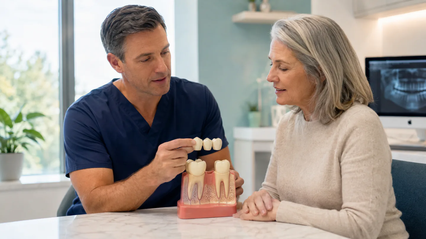 A Winnipeg dentist explaining a custom dental bridge with a model