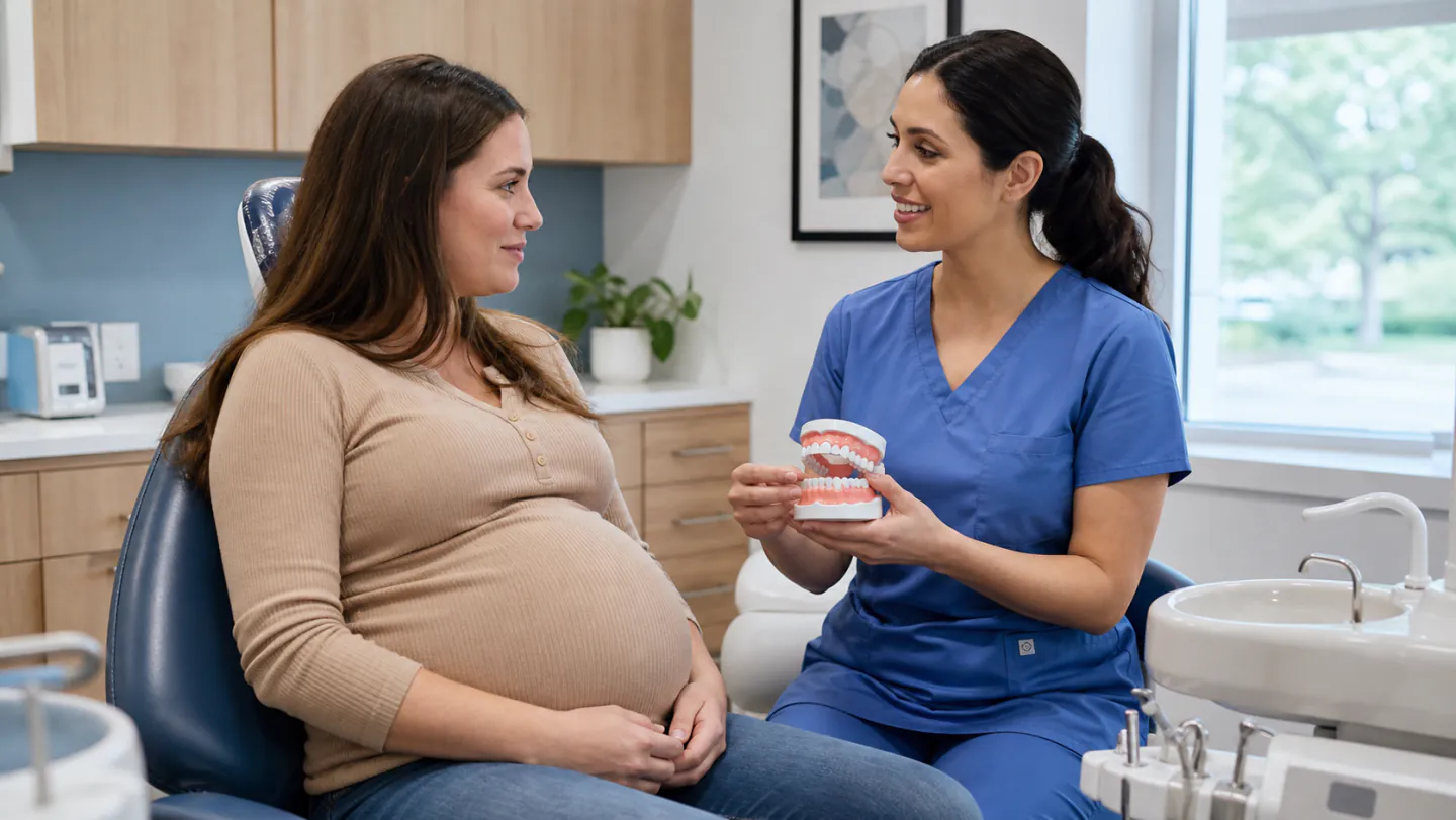 A pregnant patient discussing comfortable dental care with a Winnipeg dentist