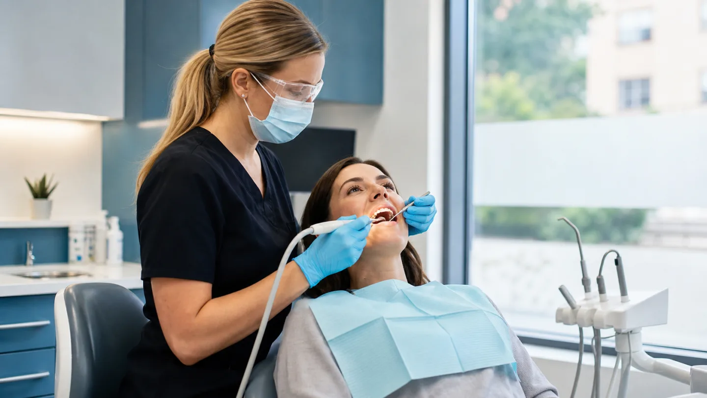A hygienist providing a routine dental cleaning to a relaxed patient