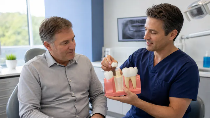 A dentist showing a patient a custom dental crown in a Winnipeg clinic