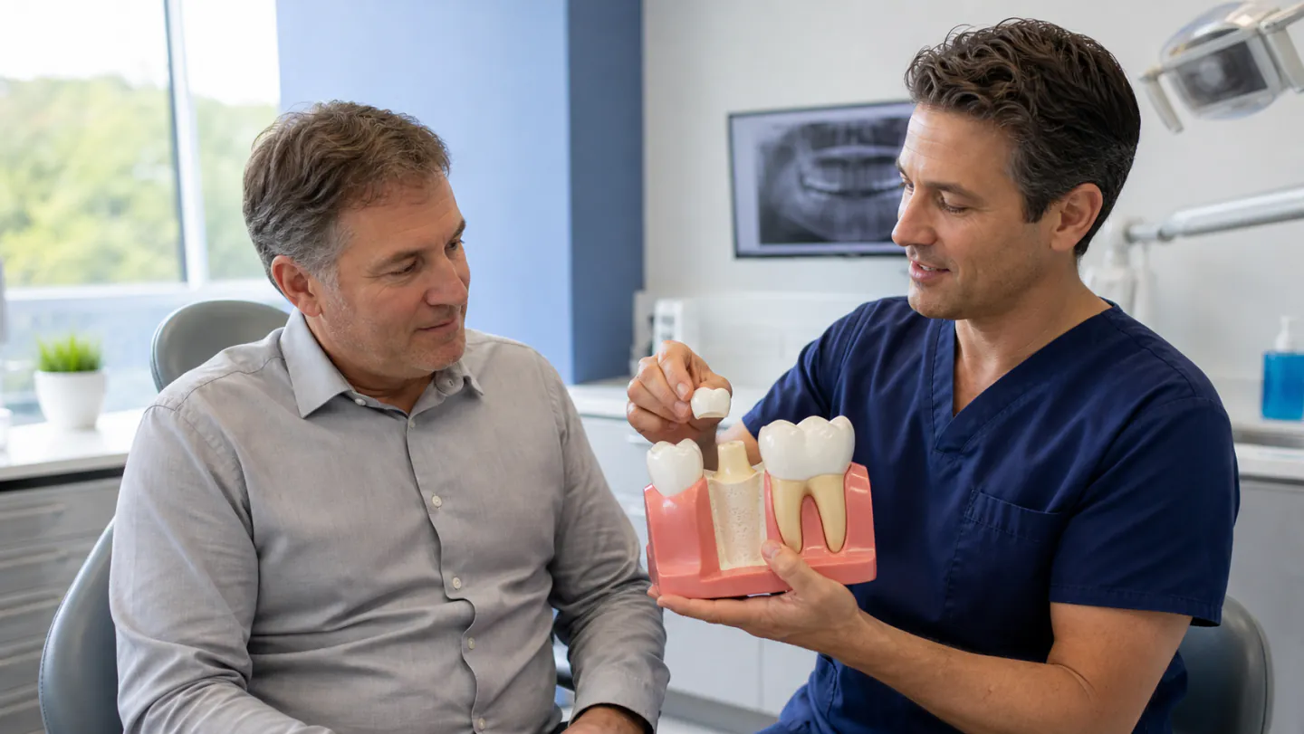 A dentist showing a patient a custom dental crown in a Winnipeg clinic