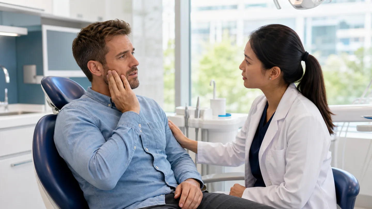 Dentist helping a patient with sudden tooth pain