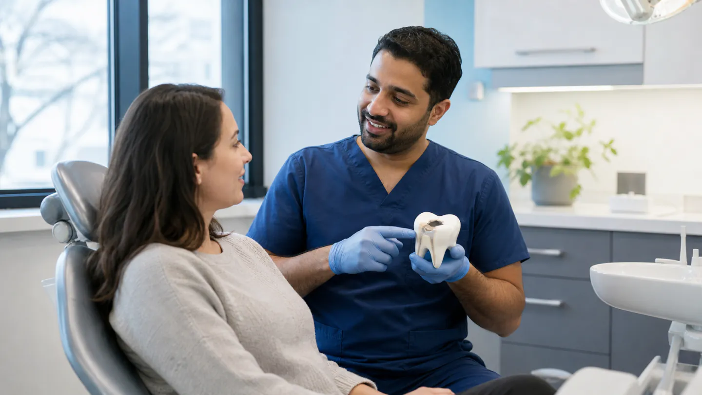 A dentist explaining a tooth-coloured filling with a tooth model