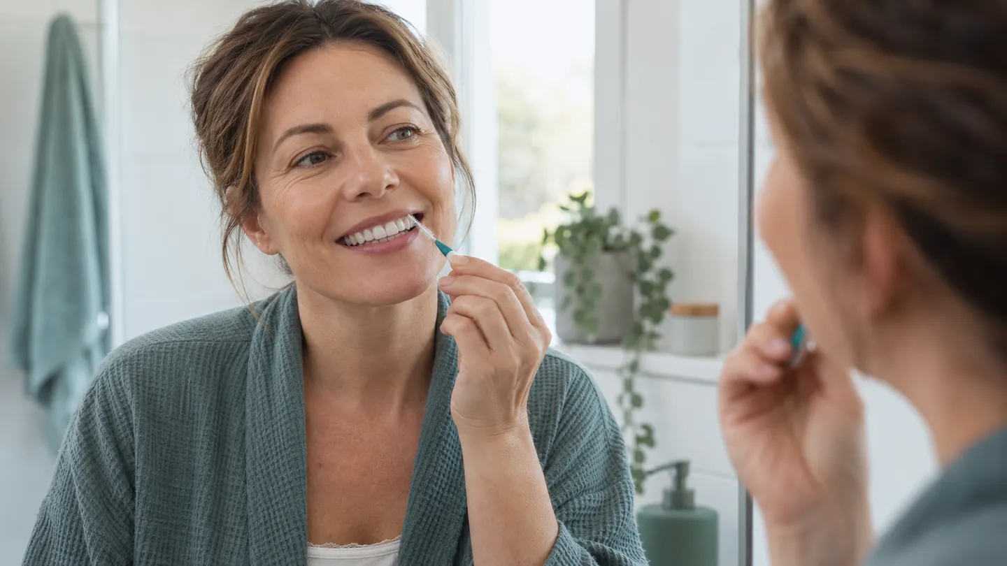 An adult using an interdental brush during a home oral-care routine