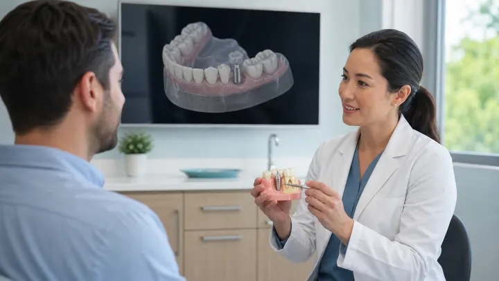 A dentist explaining dental implant treatment with a model and digital scan
