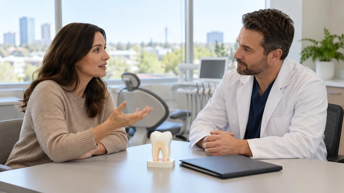 A patient asking a dentist a question across a consultation desk with a tooth model