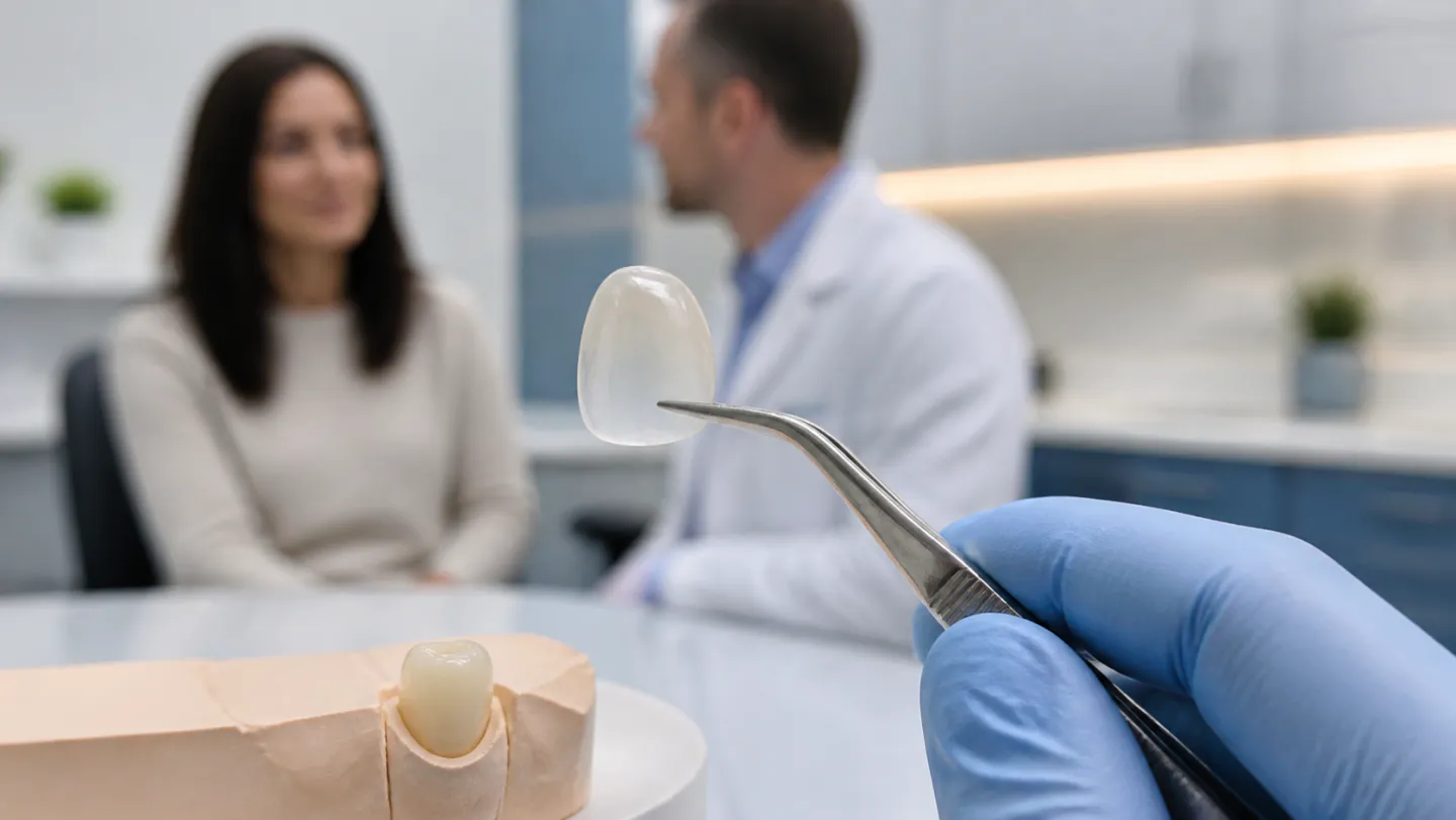 A thin porcelain dental veneer held in tweezers during a patient consultation