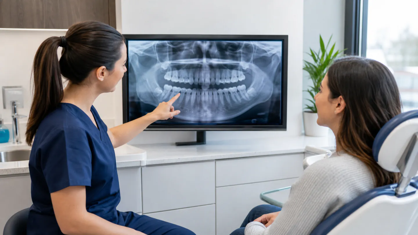 A Winnipeg dentist reviewing a digital dental X-ray with a patient