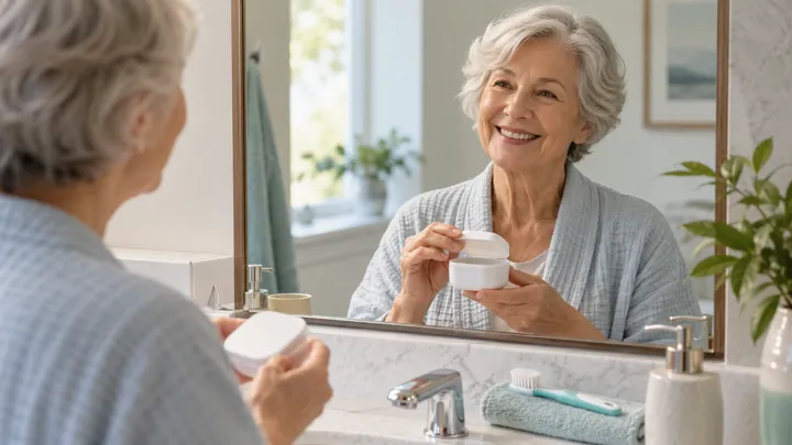 An older adult holding a denture storage case beside a bathroom mirror