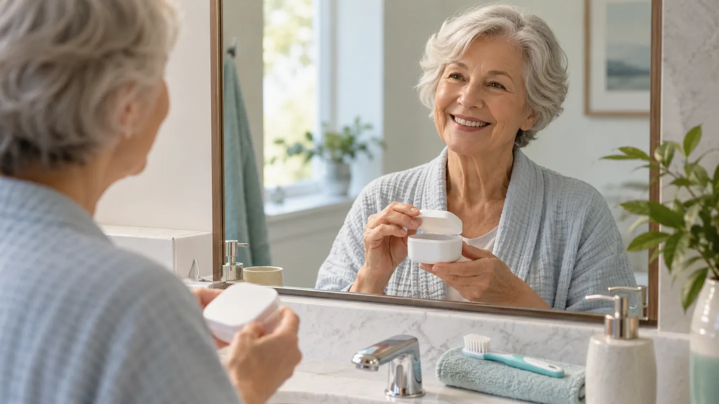 An older adult holding a denture storage case beside a bathroom mirror