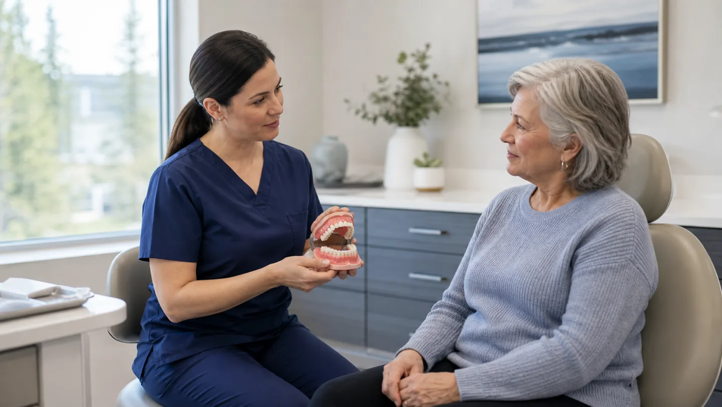 Dental professional explaining denture options