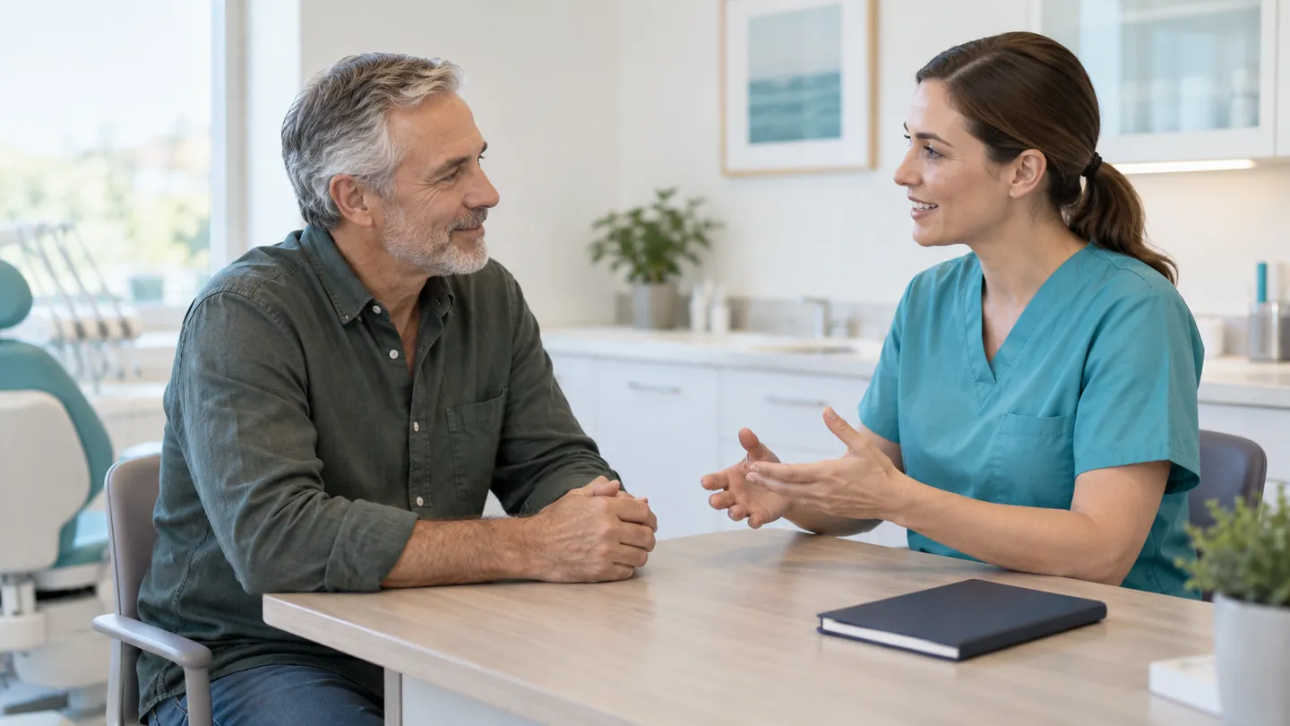 An adult discussing health questions with a dental professional at a consultation table