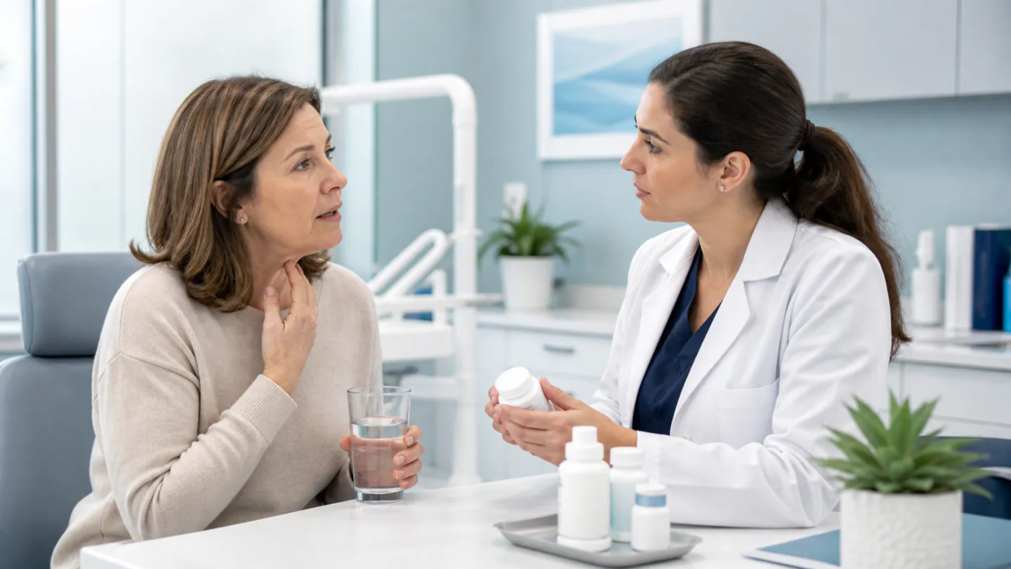 A Winnipeg dentist discussing dry-mouth symptoms and prevention with a patient