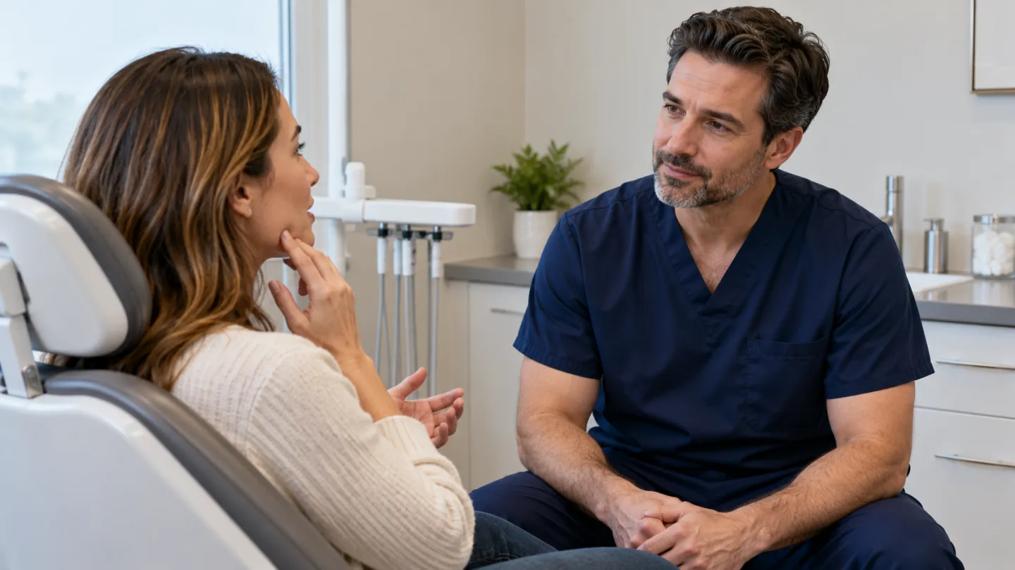 A dentist listening to a patient who is describing discomfort near her lower jaw