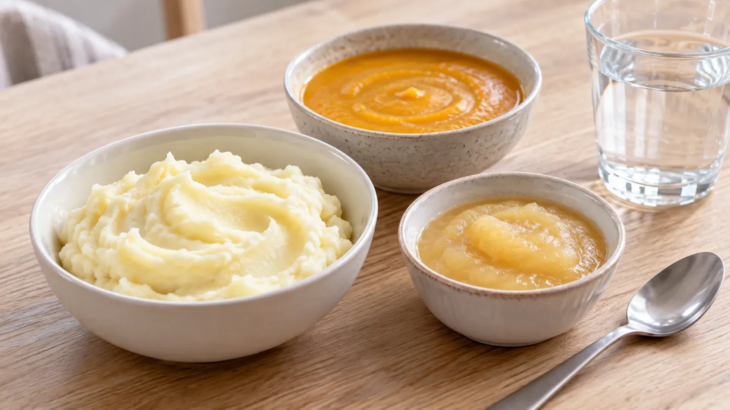 Bowls of mashed potato, smooth vegetable soup, and applesauce beside a glass of water