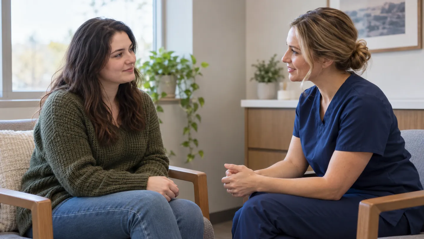 An adult patient and dental professional having a calm private conversation at eye level