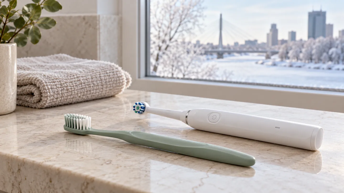 A sage manual toothbrush and a white electric toothbrush beside a folded towel and winter window