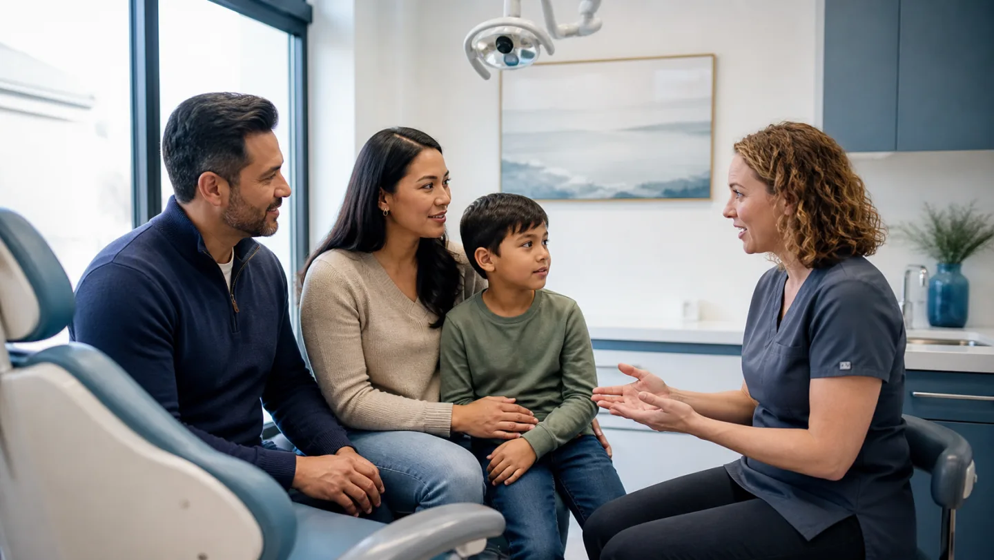A family meeting their dentist during a welcoming new-patient visit