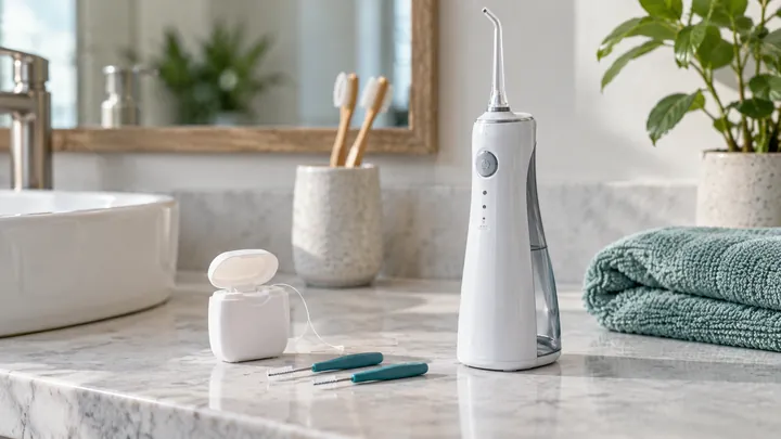 Dental floss, interdental brushes and a water flosser on a bathroom counter