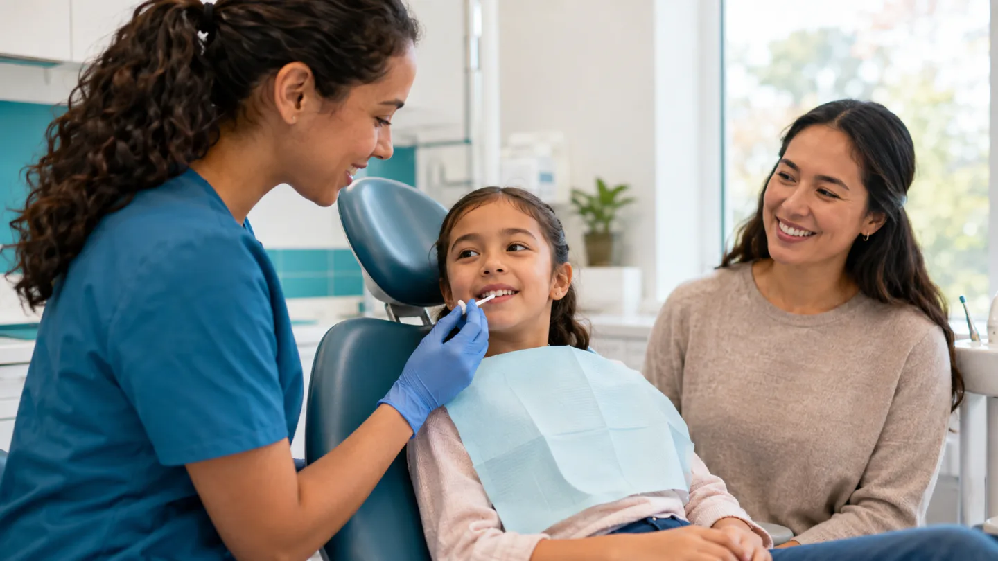 A Winnipeg dental hygienist applying protective fluoride varnish to a child’s teeth