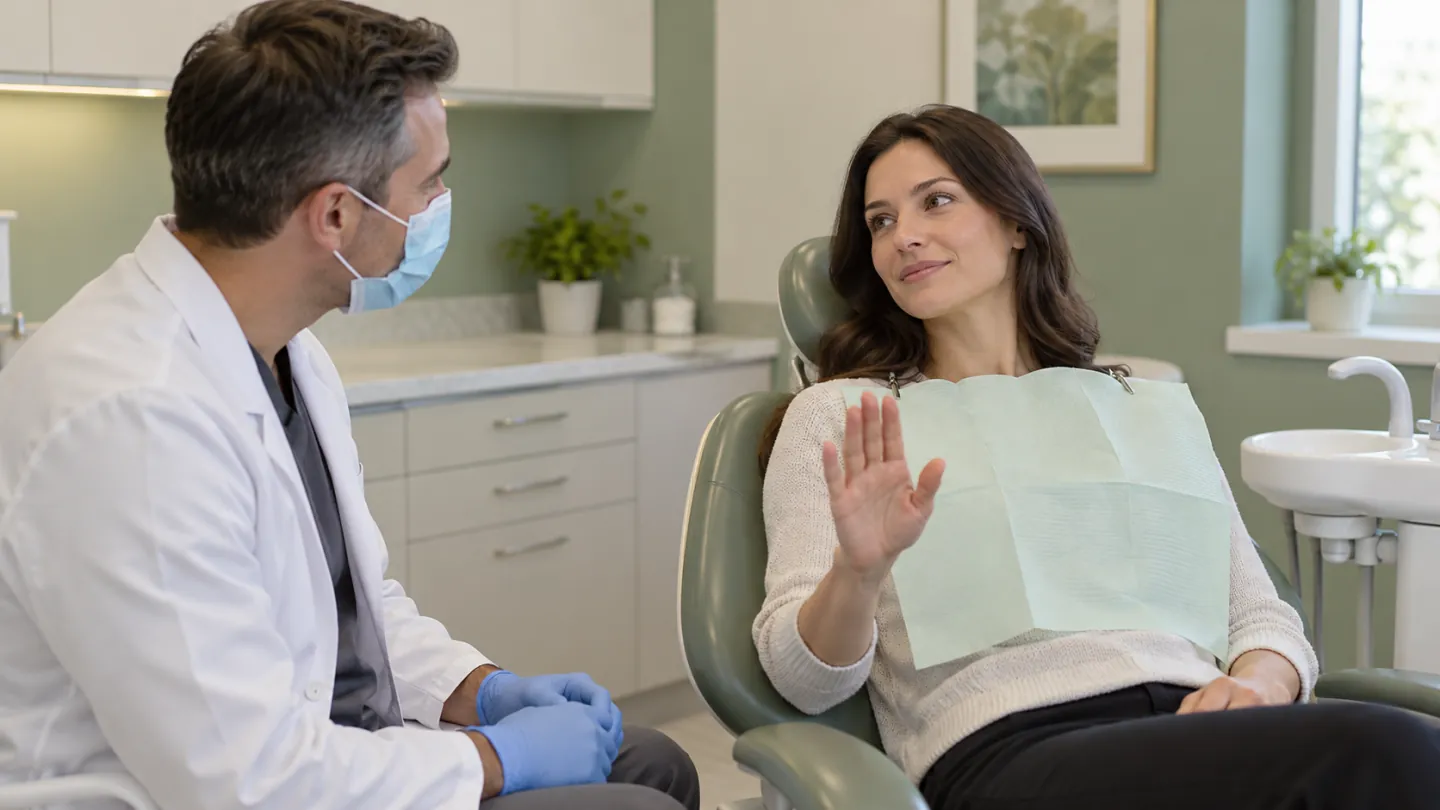 A patient raising a hand to request a pause while a dentist listens beside the chair