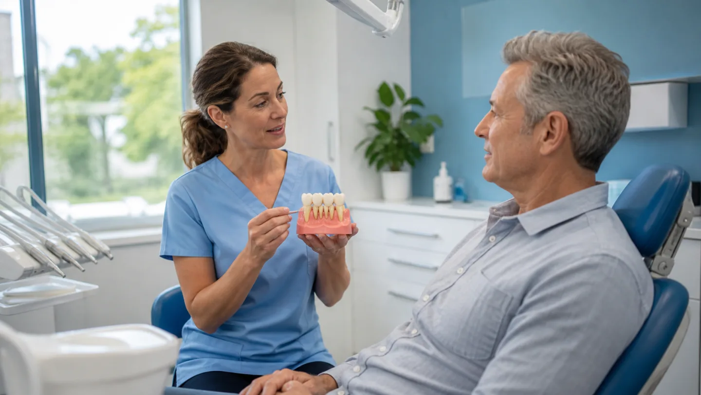 A dental hygienist explaining gum health with a dental model
