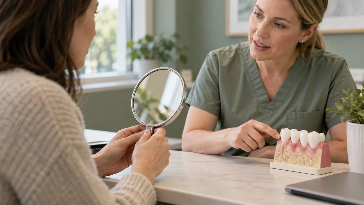 A clinician explaining a tooth and gum model while a patient holds a small mirror
