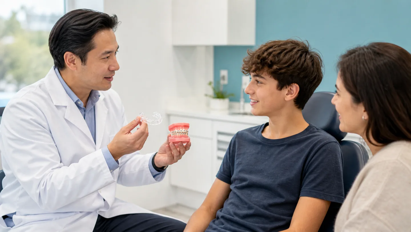 A dentist comparing clear aligners and braces with a teen and parent