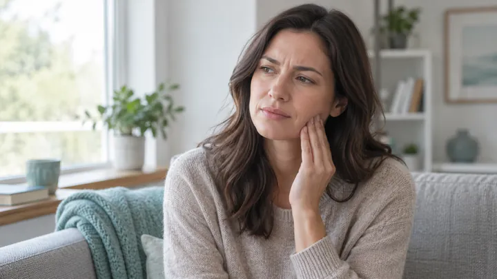 An adult resting fingertips against the side of the jaw while sitting at home