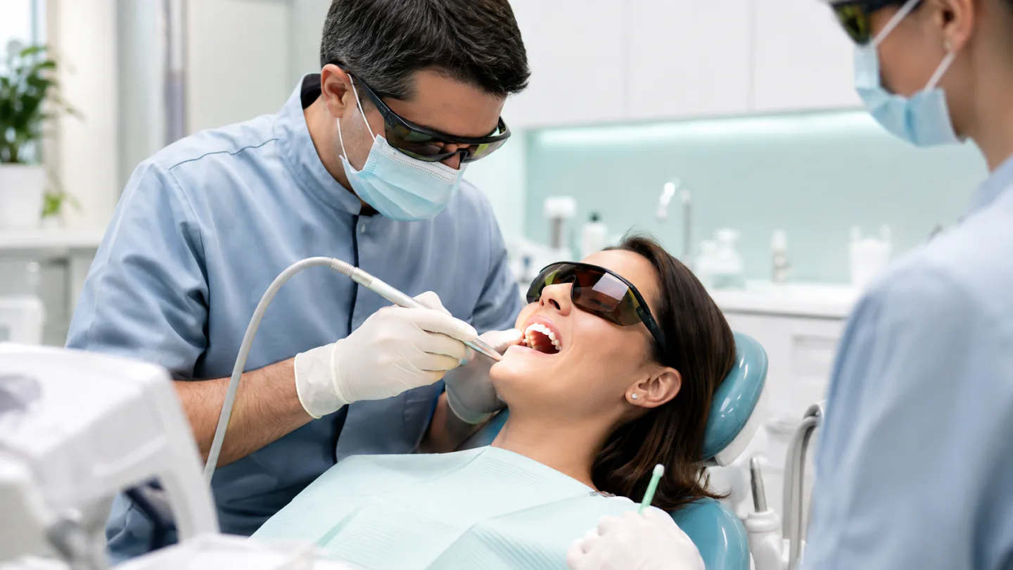 A Winnipeg dentist using a dental laser handpiece during a precise gum treatment