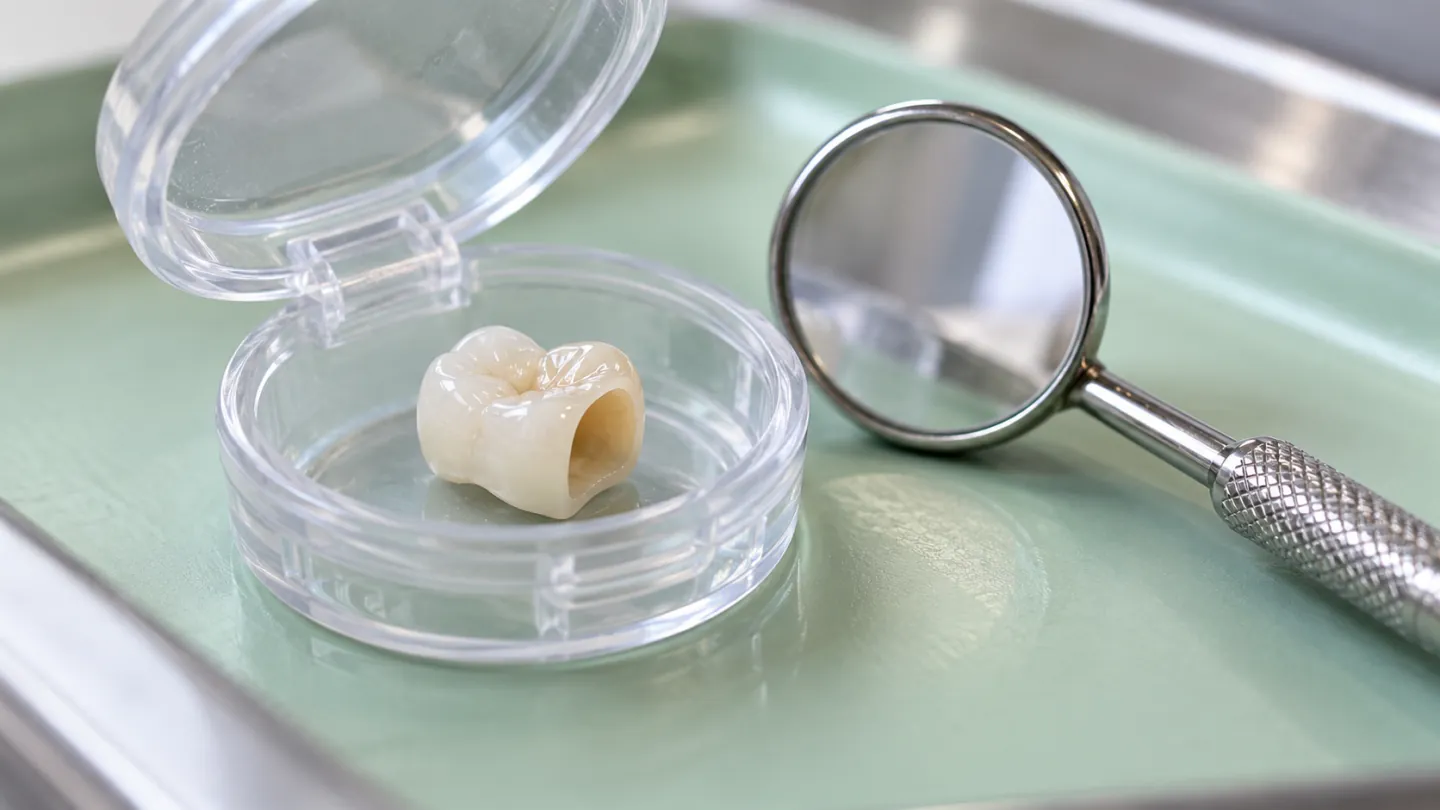 A small ceramic dental crown in a clear container beside a dental mirror