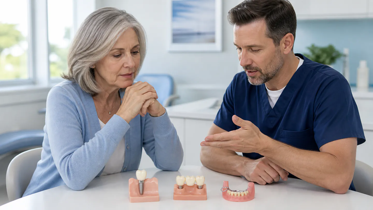 A Winnipeg dentist comparing bridge, denture and implant options for a missing tooth