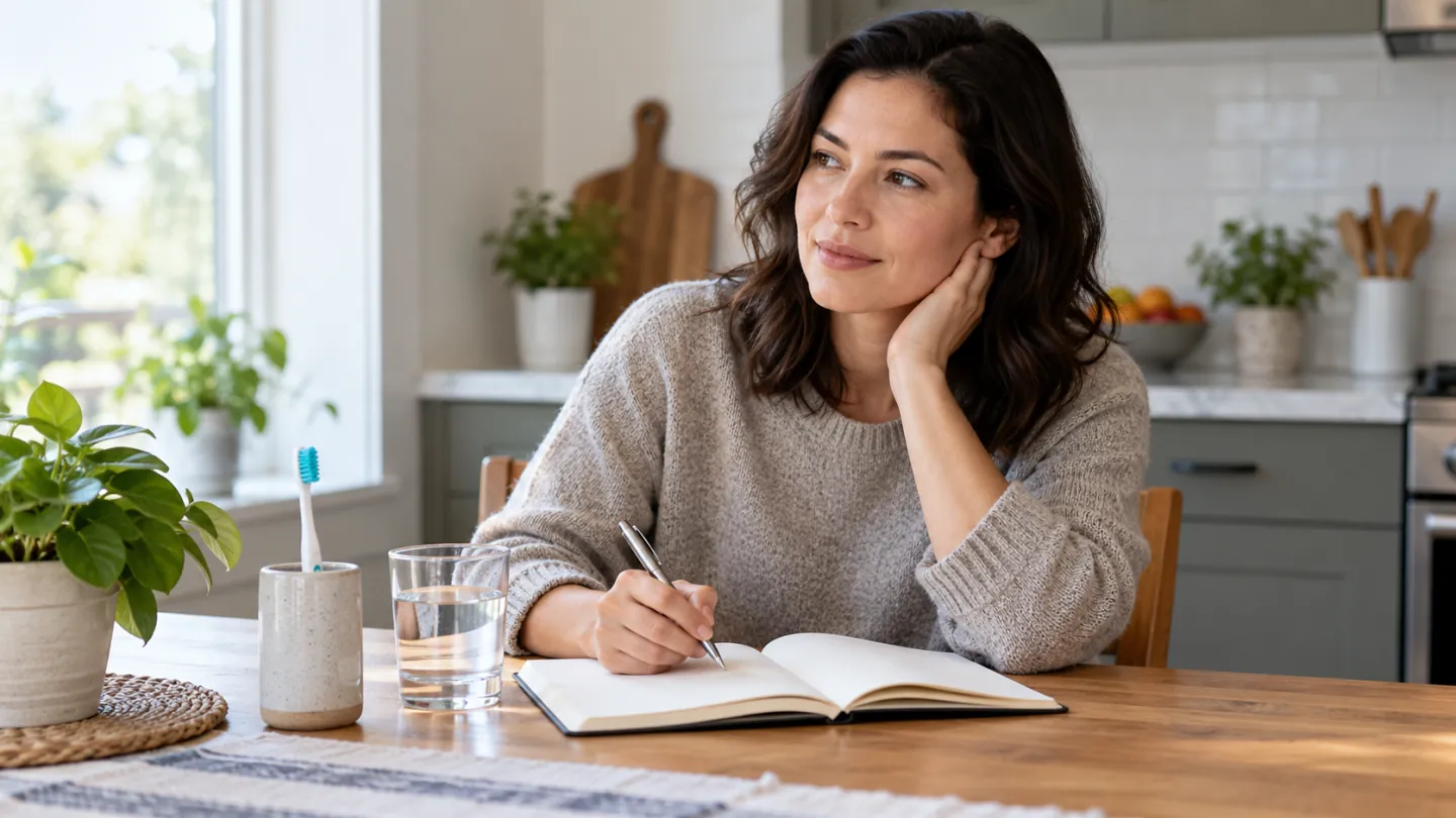 An adult making a health note at a kitchen table beside water and a soft toothbrush