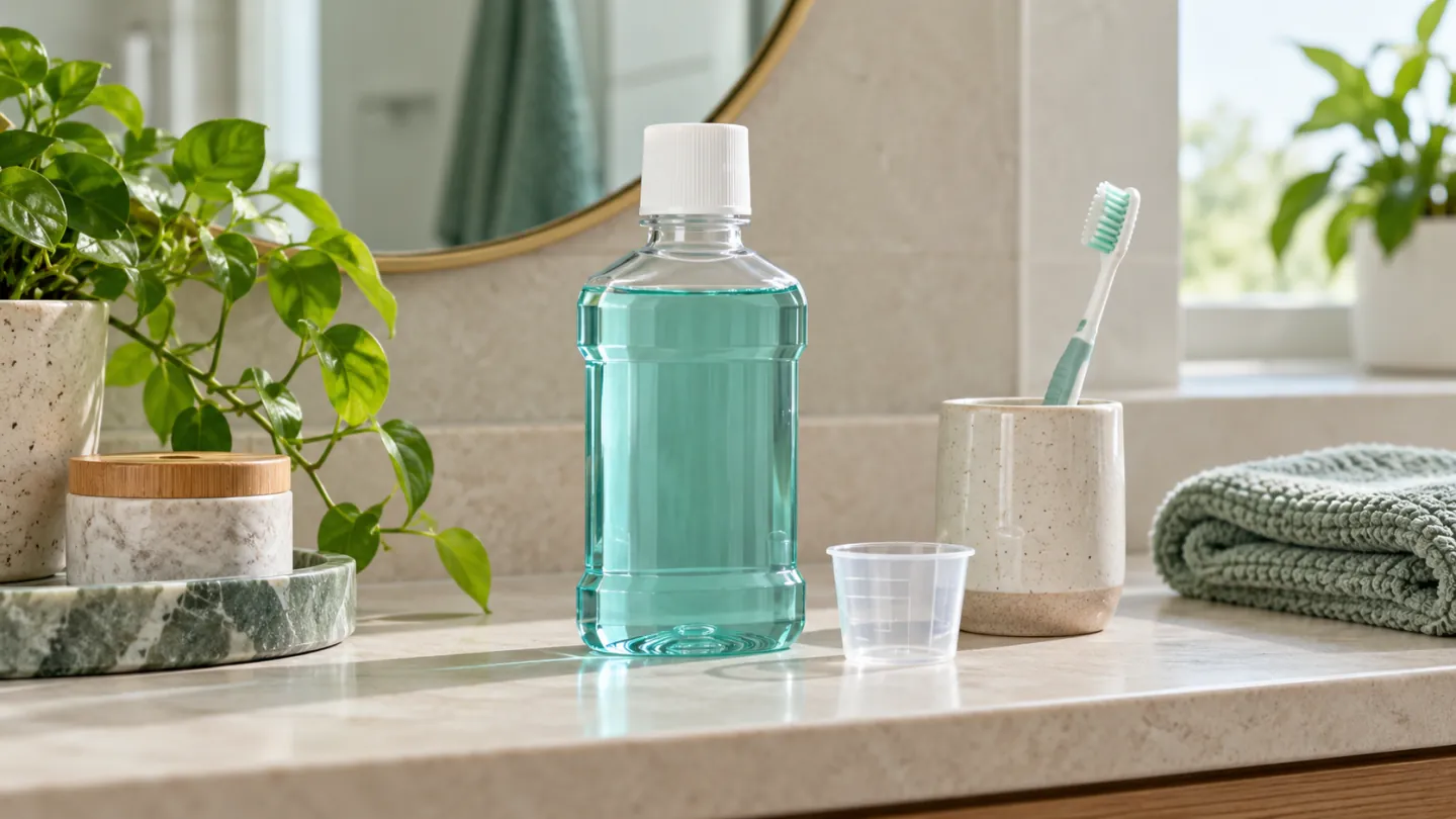 A clear bottle of pale aqua mouthwash with a measuring cup beside a toothbrush holder